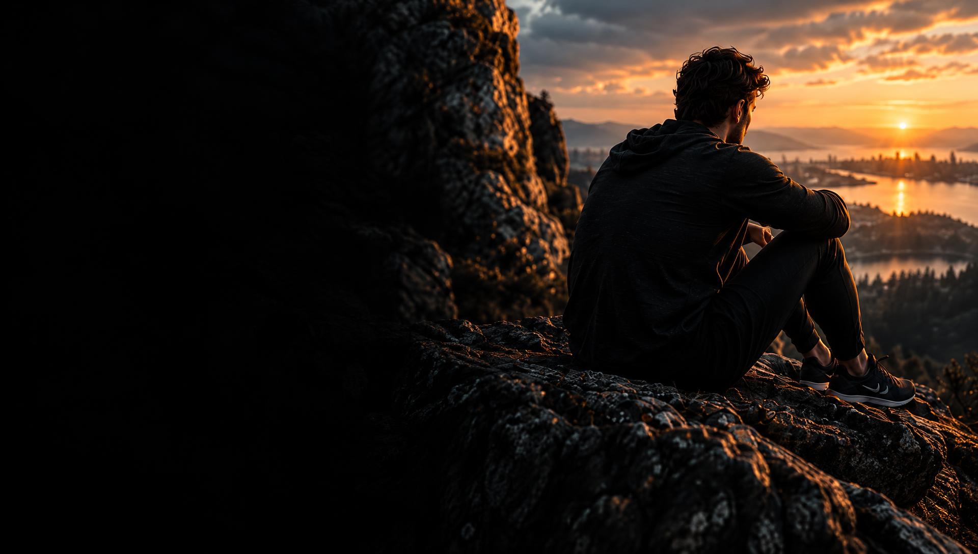 Man in black seated on a rocky overlook at sunrise