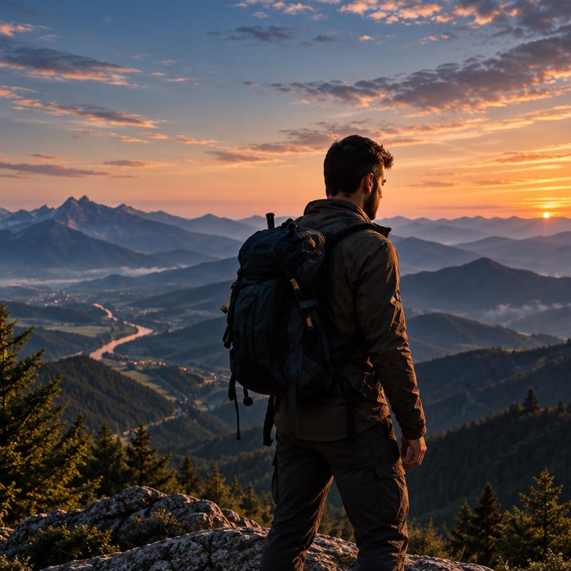 Man with a backpack facing mountain ranges
